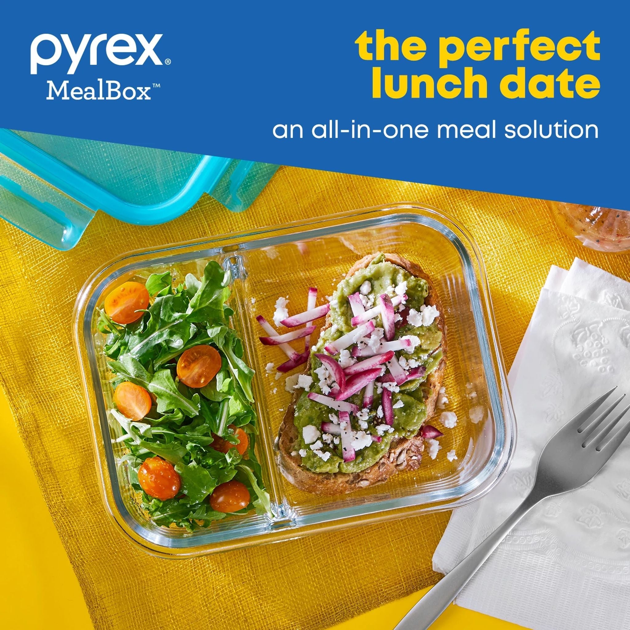 Pyrex® MealBox 4-cup Divided Glass Food Storage Container with Turquoise Lid - Image 4